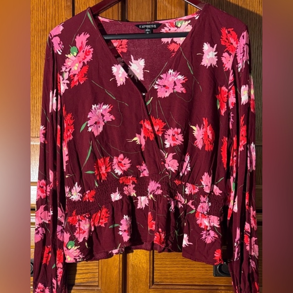 Express Surplice Wrap Top Smocked Waist Ruffle Sleeve V-neck Boho Peasant Floral